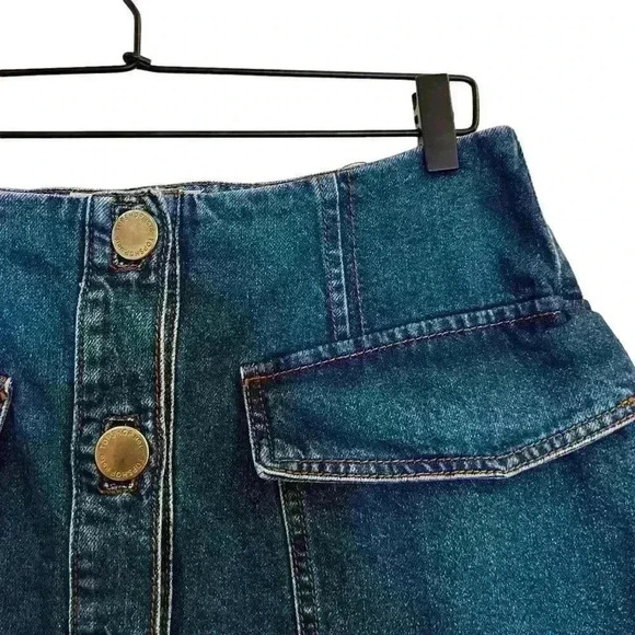 Topshop MOTO Dark Wash Denim Button Up Mini Skirt Size 32 - Picture 2 of 6